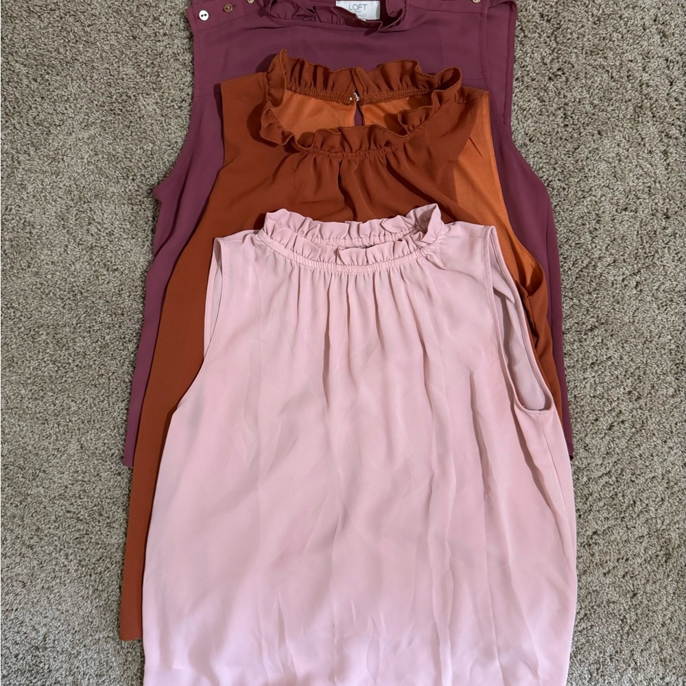 Loft - set of three Sleeveless Ruffle Blouses in Pink, Rust and Plum